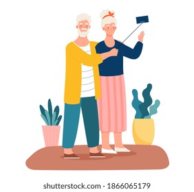 Elderly people man and woman taking selfie on smartphone. Outdoor activity for retired people, healthy lifestyle. Cartoon vector illustration isolated on white background