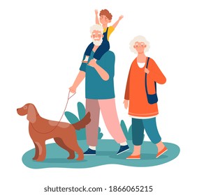 Elderly people man and woman walking with grandson and dog. Outdoor activity for retired people, healthy lifestyle. Cartoon vector illustration isolated on white background