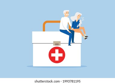 Elderly people with many diseases, Vector illustration in flat style