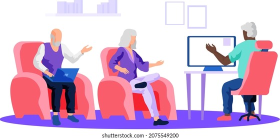 Elderly people and modern digital technology pensioners men sit at computer studying on courses with coach. Concept of remote work from home, distance learning, freelance for retired people