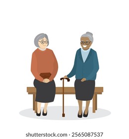 Elderly People, multiethnic grandmothers sitting on bench and talking, aged women isolated on white background, flat vector illustration