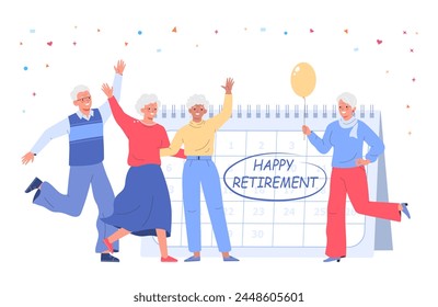 Elderly people near a large calendar with the inscription "Happy retirement". Gray-haired elderly man and women enjoy maturity, feeling optimistic and positive