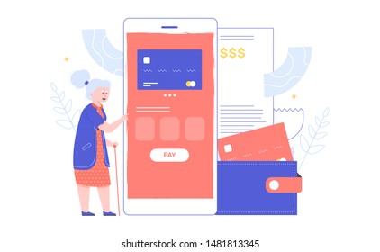 Elderly people and new digital technology, Grandma makes purchases online using her phone, internet shopping, payment of services and housing bill, cartoon character, flat vector illustration