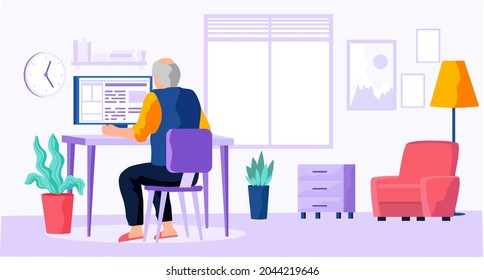 Elderly people and new digital technology pensioner man sits at computer. Concept of remote work from home, distance learning, programming, freelance for retired people. Active social life at any age