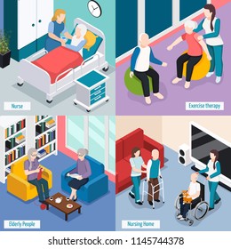 Elderly people nursing home accommodations concept with residents reading lounge exercise therapy medical care isolated vector illustration 