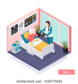 Elderly People Nursing Home Assisted Living Facility Isometric Composition With Personnel Providing Care For Residents Vector Illustration 