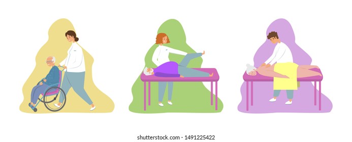 Elderly people in a nursing home, sanatorium flat vector illustration. Elderly care, nursing home, health care and assisting old patients concept. Elderly man in a stroller, massage for old people.