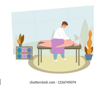 Elderly people in a nursing home, sanatorium flat vector illustration. Elderly care, nursing home, health care and assisting old patients concept. Nurse doing massage, massage for old people.