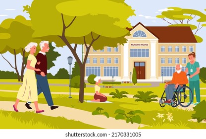 Elderly People Nursing House. Taking Care Of Seniors, Old Men Activity And Healthcare, Spending Outdoor Leisure Time, Retirement Residential Accommodation Vector Illustration