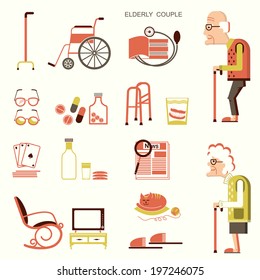 Elderly people and objects for pensioners.Vector flat design icons