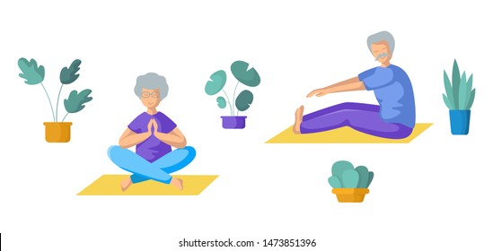 Elderly people - old couple - doing yoga, men and women doing sport exercises and meditation. Group of flat characters, isolated figures and potted flowers on white background, vector set 