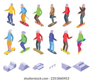 Elderly people on skateboard icons set isometric vector. Park senior. Mom nature