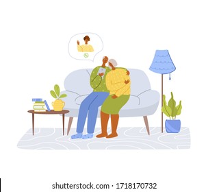 Elderly people and online communication - african american old couple calls daughter, online chatting and video call concept, social distance isolation and connection with devices vector illustration