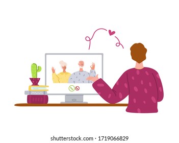 Elderly people and online communication - children or young relatives call grandparents, online chatting video call concept, social distance isolation and connection with devices vector illustration