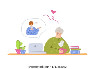 Elderly people and online communication - young adult girl calls grandparents, online chatting and video call concept, social distance isolation and connection with devices vector illustration