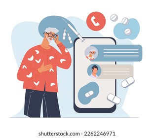 Elderly people online medical support and doctor appointment. Online medical consultations for the elderly, flat vector illustration isolated on white background. Medicine and pharmacy banner.
