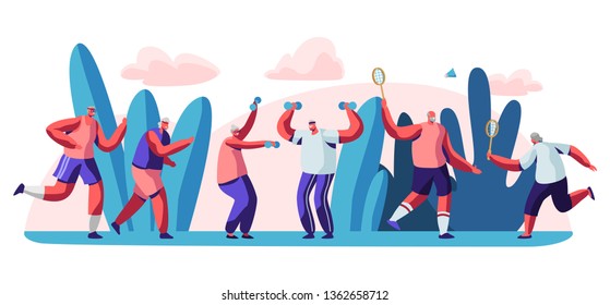 Elderly People Open Air Workout. Senior Men and Women Characters Running, Doing Exercises, Playing Badminton Outdoors Together, Have Fun, Fitness Healthy Lifestyle. Cartoon Flat Vector Illustration