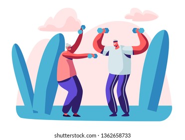 Elderly People Open Air Workout with Dumbbells. Aged Couple Engage Sport Outdoors. Happy Senior Man and Woman Training Together Open Air, Pensioners Healthy Lifestyle. Cartoon Flat Vector Illustration