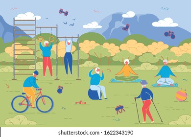 Elderly People Open Air Workout. Senior Men and Women Characters Running, Doing Exercises, Riding Bike, Scandinavian Walk. Outdoors Fun, Fitness Healthy Lifestyle. Cartoon Flat Vector Illustration