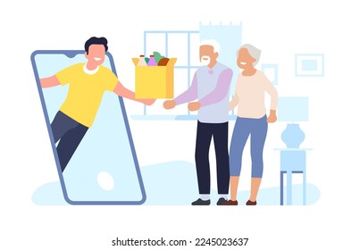 Elderly people order groceries by phone. Food delivery mobile service. Smartphone supermarket application. Courier shipment. Senior man and woman buy products online