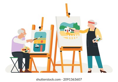 Elderly people painting pictures. Old age artists