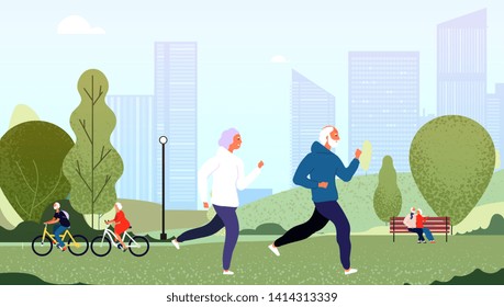 Elderly people park. Seniors happy grandfather grandmother couple elderly people walking running cycling summer outdoor vector concept