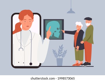 Elderly people patients on video call doctor appointment vector illustration. Cartoon woman professional medical worker character consulting senior couple via smartphone, x-ray diagnosis background