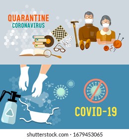 Elderly people, pensioners. Coronavirus medical banner. COVID-19 (SARS-CoV-2). Stay home. Quarantine. Self-isolation. Hygiene, virus control, precautions. Vector illustration 