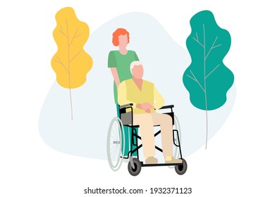 Elderly people and pensioners are hospitalized in quarantine, a disabled person in a wheelchair, who is being driven by a nurse, a nurse. Vector illustration. Vector, EPS 10