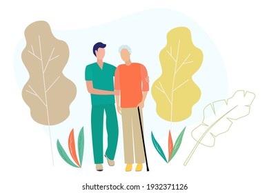 Elderly people and pensioners are hospitalized in quarantine, treated in a hospital. A patient's walk with a doctor, nurse, or nurse. Vector illustration. Vector, EPS 10