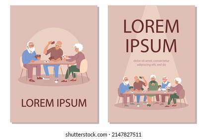 Elderly people play card games. Posters in flat style, vector. Retirement age people have fun playing board games together. Old men and aged women.