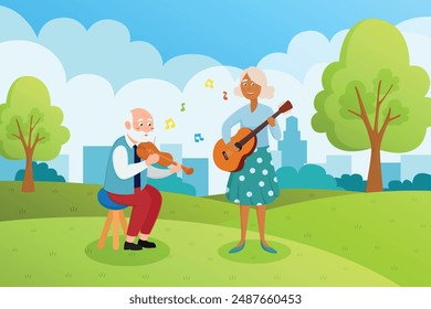 Elderly people play music at the park