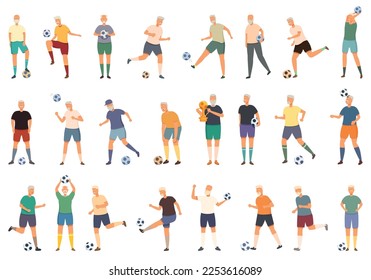 Elderly people play soccer icons set cartoon vector. Soccer man. Football sport