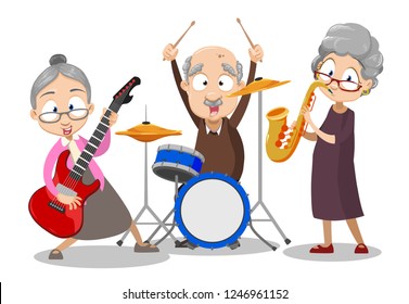 Elderly people playing in band together vector illustration. Happy cartoon friends guitarist saxophone player and drummer. Music age and people concept