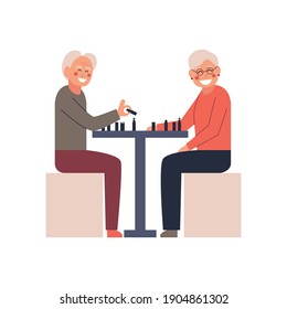 Elderly people playing chess. Vector isolated illustration. Cartoon character.
