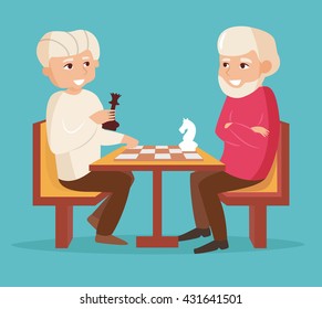 Elderly people playing chess.  Vector illustration in flat style. Image for booklets, brochures, flyers, websites. Cartoon character. Game