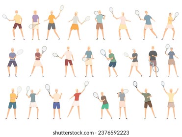 Elderly people playing tennis icons set cartoon vector. Old sport game. Senior person