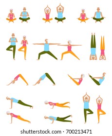 Elderly People Practice Yoga. Set of Asanas. Relax and Meditate. Healthy Pension Lifestyle. Balance Training - Illustration Vector