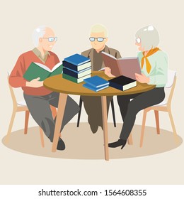 elderly people reading and sharing knowledge. Book lover, reader, isolated on background. Flat cartoon vector illustration.