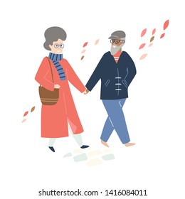 Elderly people relationship. Walking autumn day. Pastel colors, flat simple style.