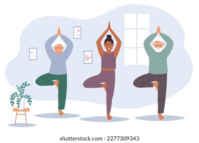 Elderly people repeat yoga movements after the trainer. Gymnastics, sports in the group. Active life granny. Vector flat graphics.