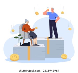 Elderly people with retirement concept. Man and woman on armchair surrounded by gold coins. State financial assistance. Happy senior pensioners indoor. Cartoon flat vector illustration