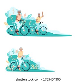 Elderly people ride a bike and play sports in the park. Seniors on bicycles. Grandparents lead a healthy lifestyle and sports. Collection of isolated illustrations of cyclists.