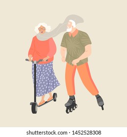 Elderly people ride scooters and roller skates. Enjoy the summer day. Active old couple
