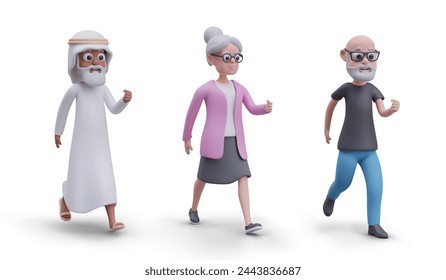 Elderly people run. Set of vector characters of different gender, faith, nation