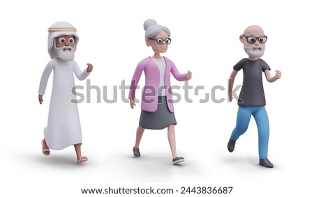 Elderly people run. Set of vector characters of different gender, faith, nation