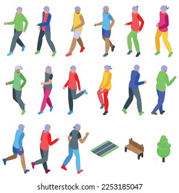 Elderly people running in the park icons set isometric vector. Nature senior. Family man