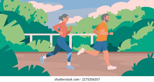 Elderly people running in the park. Morning jogging run. The concept of sport activity for Senior people and healthy lifestyle. Vector illustration of cardio exercising fitness training