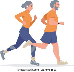 Elderly people running wearing sportswear. Morning jogging run. The concept of sport activity for Senior people and healthy lifestyle. Vector illustration of cardio exercising fitness training