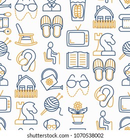 Elderly people seamless pattern with thin line icons: grandmother, grandfather, glasses, slippers, knitting, rocking chair, hearing aid, flowers, reading, false jaw, chess. Modern vector illustration.